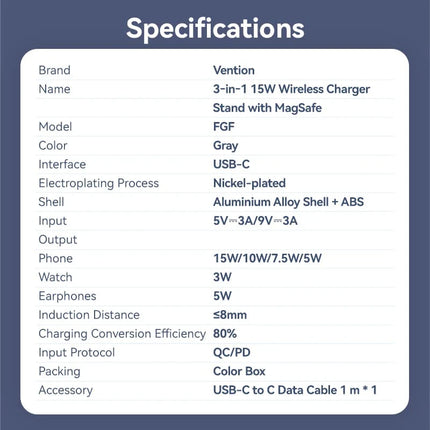 Vention 3‑in‑1 15W Wireless Charger Stand