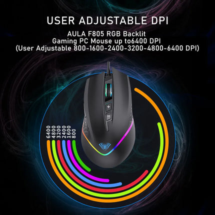 AULA F805 Wired Gaming Mouse Full color Breathing Optical Ergonomic