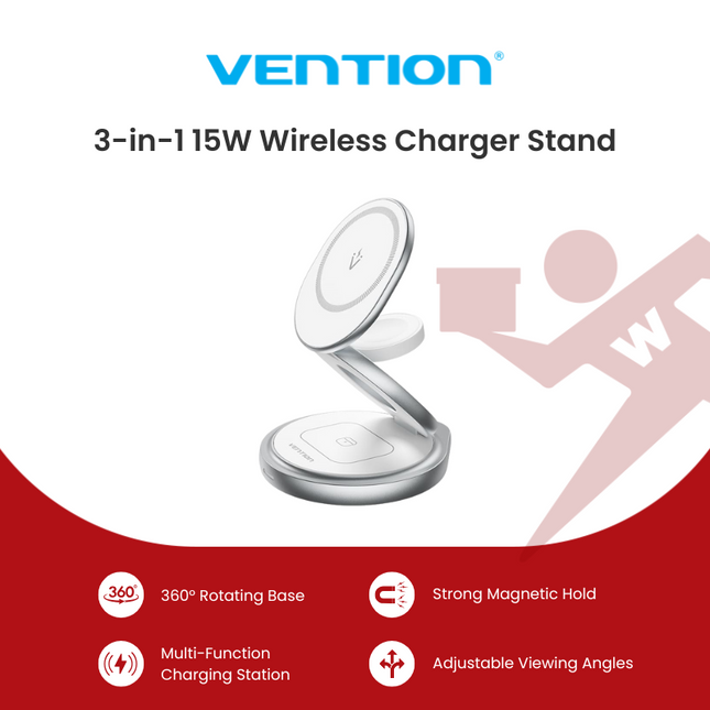 VENTION 3-in-1 15W Wireless Charger Stand with MagSafe Silver