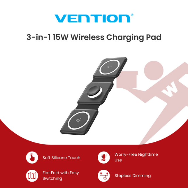Vention 3-in-1 15W Wireless Charging Pad and LED Night Light Black