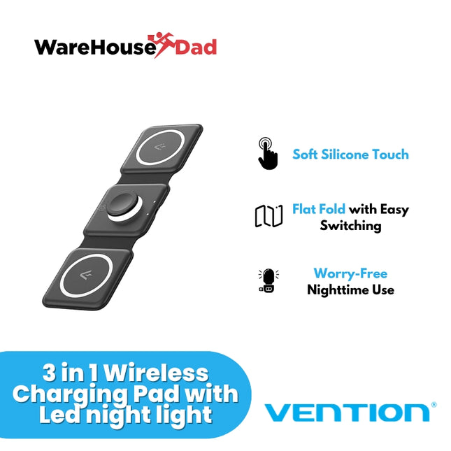 Vention 3-in-1 15W Wireless Charging Pad and LED Night Light Black
