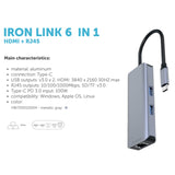 Proove Iron Link  Type-C-HUB 6 in 1 (2*USB3.0 + SD/TF + RJ45 + HDMI)