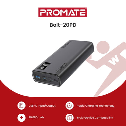 Promate Bolt-20PD Compact Smart Charging Power Bank with 20W PD Dual USB-C and 22.5W USB-A Ports