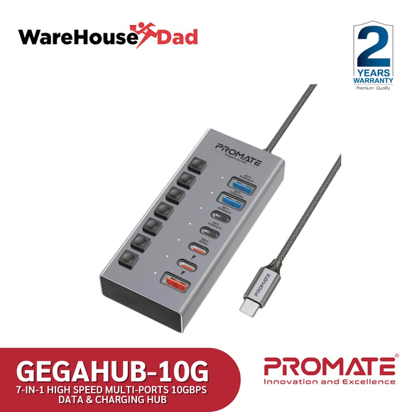 Promate GegaHub-10G 7-in-1 High Speed Multi-Ports 10Gbps Data & Charging Hub