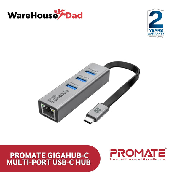 Promate GigaHub-C Multi-Port USB-C Hub with Ethernet Adapter (USB 3.0 Ports, 5Gbps Sync)