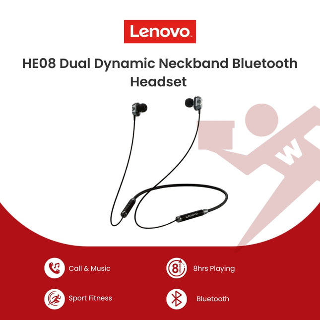 Lenovo HE08 Dual Dynamic Neckband Bluetooth Headset (Black)