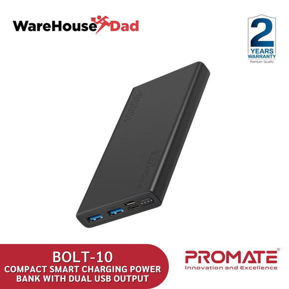 Promate Bolt-10 10000Mah Compact Smart Charging Power Bank with Dual USB Output