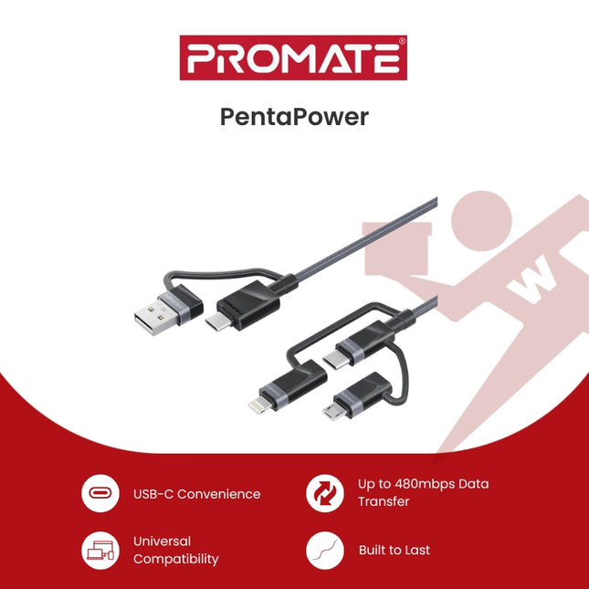 Promate PentaPower 6-in-1 Hybrid Multi-Connector cable for Charging & Data Transfer