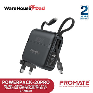 Promate PowerPack-20Pro Ultra-compact 20000mAh Fast Charging Power Bank with AC Charger