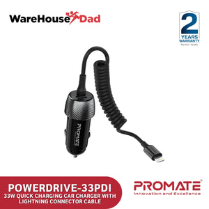 Promate PowerDrive-33PDI 33W Quick Charging Car Charger with Lightning Connector Cable