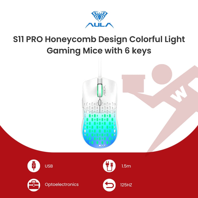AULA S11 PRO Honeycomb Design Colorful Light Gaming Mice with 6 keys
