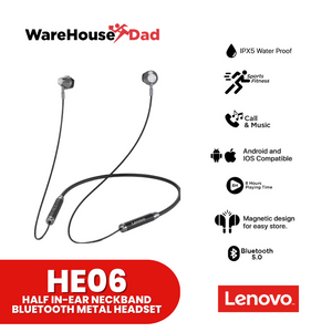 Lenovo HE06 Half In-Ear Neckband Bluetooth Metal Headset (BLACK)