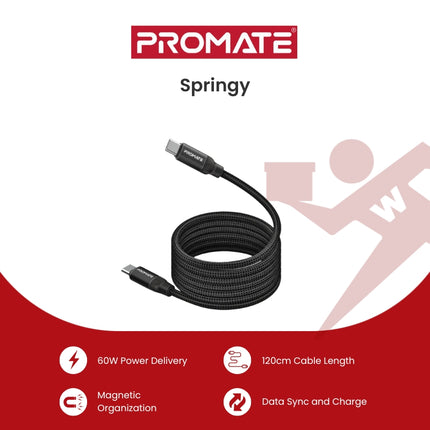Promate Springy 60W Power Delivery Self-Organizing Magnetic USB-C Cable