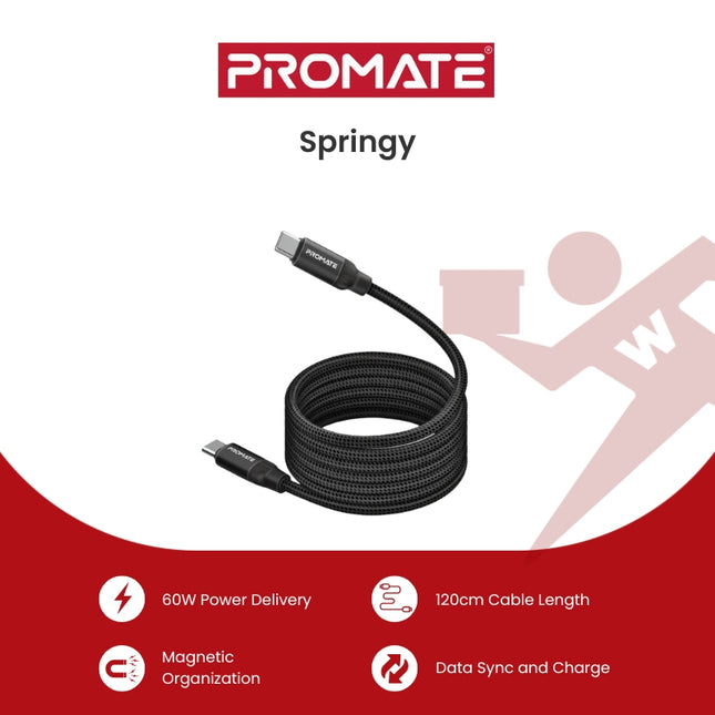 Promate Springy 60W Power Delivery Self-Organizing Magnetic USB-C Cable