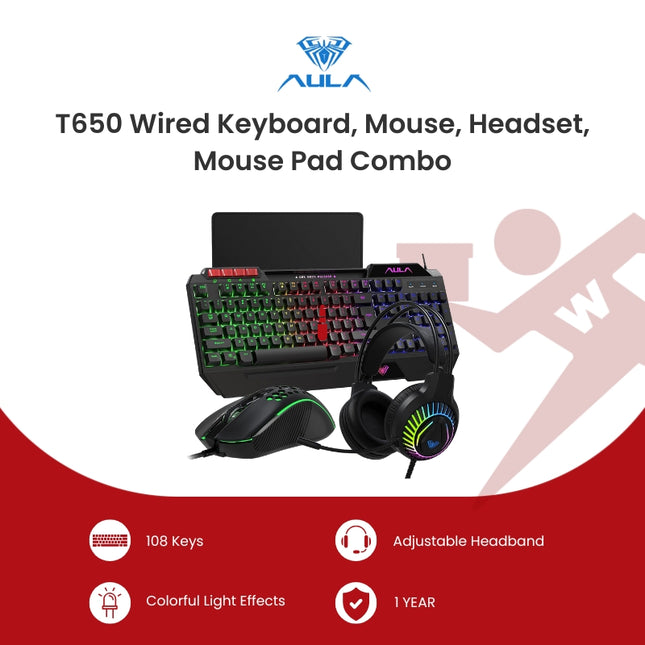 Aula T650 Wired Keyboard, Mouse, Headset, Mouse Pad  Combo