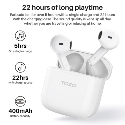 TOZO A3 Pro Half in-Ear Lightweight Wireless Earbuds with Digital Call Noise Reduction l White