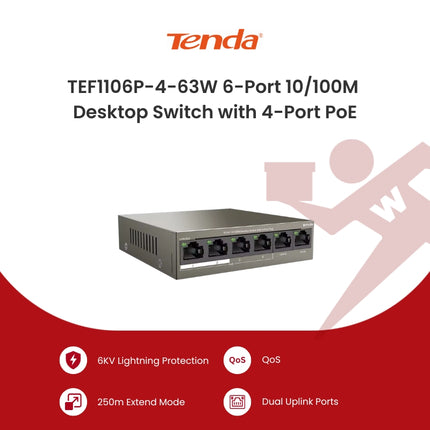 Tenda TEF1106P-4-63W 6-Port 10/100M Desktop Switch with 4-Port PoE