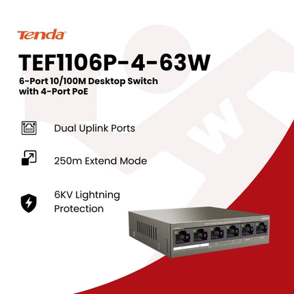 Tenda TEF1106P-4-63W 6-Port 10/100M Desktop Switch with 4-Port PoE