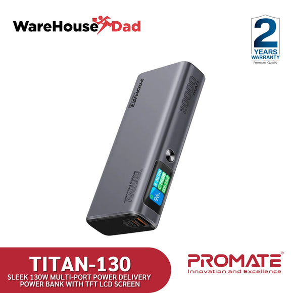 Promate Titan-130 Sleek 130W Multi-Port Power Delivery Power Bank with TFT LCD Screen