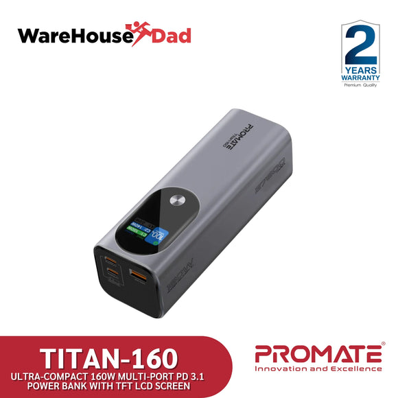 Promate Titan-160 Ultra-Compact 160W Multi-Port PD 3.1 Power Bank with TFT LCD Screen
