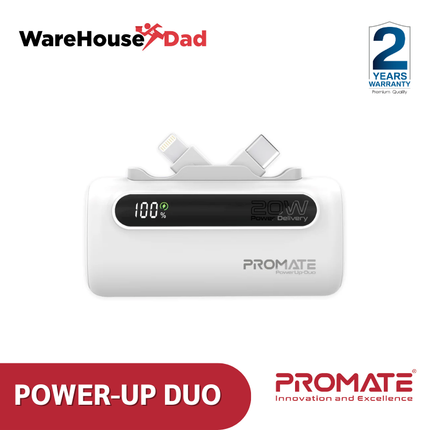 Promate PowerUp-Duo Ultra-Compact Fast Charging Power Bank with Dual foldable USB-C™ & Lightning Connectors