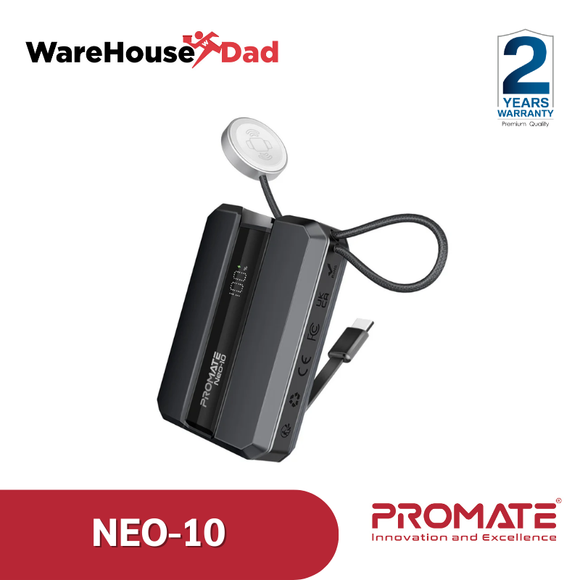 Promate Neo-10 30W Power Delivery Smartphone & Apple Watch Charging Power Bank with in-built USB-C Cable