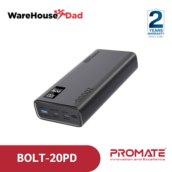 Promate Bolt-20PD Compact Smart Charging Power Bank with 20W PD Dual USB-C and 22.5W USB-A Ports