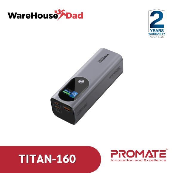 Promate Titan-160 Ultra-Compact 160W Multi-Port PD 3.1 Power Bank with TFT LCD Screen