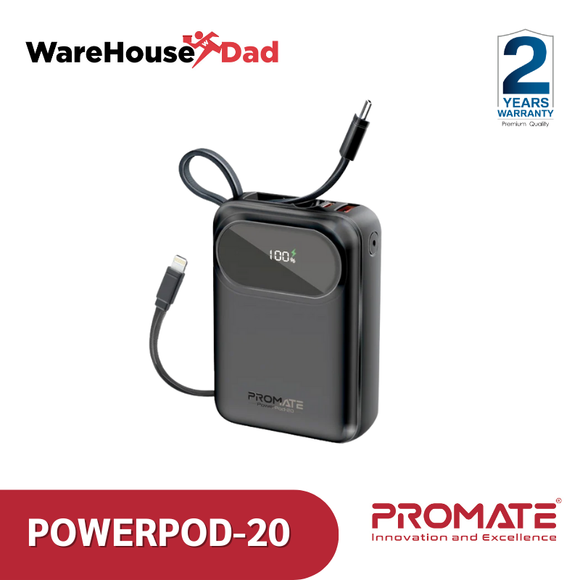 Promate PowerPod-20 Ultra Compact 35W SuperSpeed™ Power Bank with Built-In USB-C & Lightning Cable