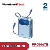 Promate PowerPod-20 Ultra Compact 35W SuperSpeed™ Power Bank with Built-In USB-C & Lightning Cable