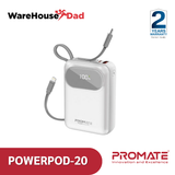 Promate PowerPod-20 Ultra Compact 35W SuperSpeed™ Power Bank with Built-In USB-C & Lightning Cable