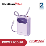 Promate PowerPod-20 Ultra Compact 35W SuperSpeed™ Power Bank with Built-In USB-C & Lightning Cable