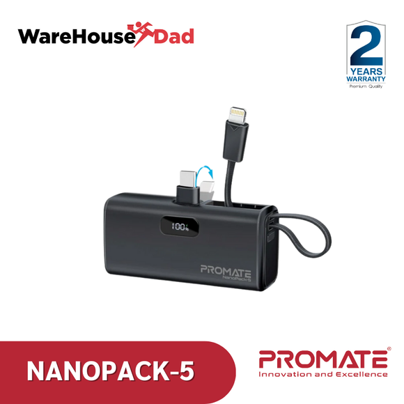 Promate NanoPack-5 Pocket-Sized, Fast Charging Power Bank with Foldable USB-C Connector and Lightning Cable