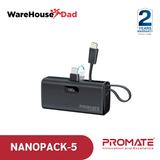 Promate NanoPack-5 Pocket-Sized, Fast Charging Power Bank with Foldable USB-C Connector and Lightning Cable