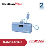 Promate NanoPack-5 Pocket-Sized, Fast Charging Power Bank with Foldable USB-C Connector and Lightning Cable