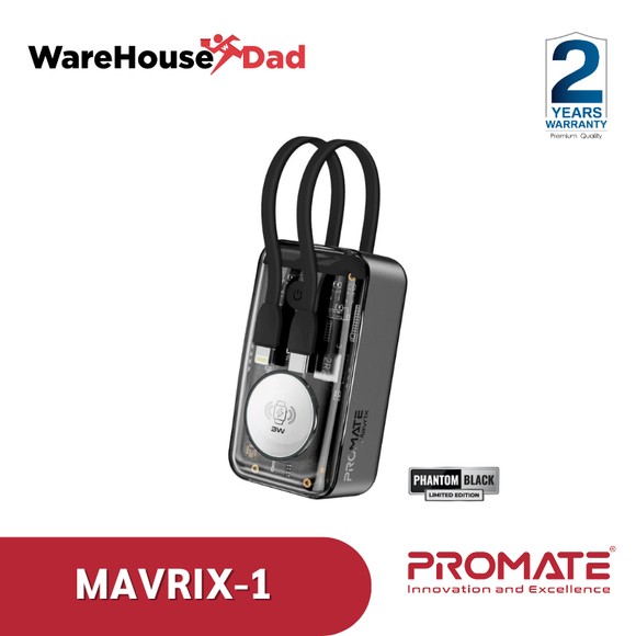 Promate Mavrix-1 35W Transparent Smartphone and Apple Watch Charging Power Bank with USB-C & Lightning Cable