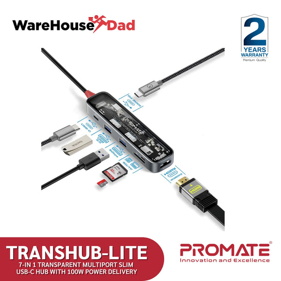 Promate TransHub-Lite 7-in 1 Transparent Multiport Slim USB-C Hub with 100W Power Delivery