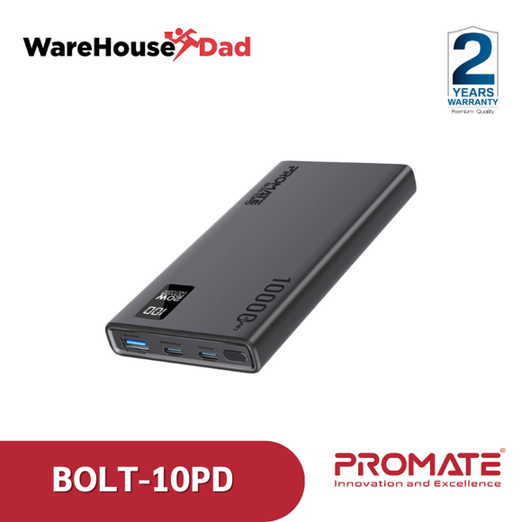 Promate Bolt-10PD Compact Smart Charging Power Bank with 20W PD Dual USB-C and 22.5W USB-A Ports