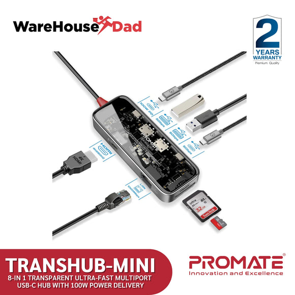 Promate TransHub-Mini 8-in 1 Transparent Ultra-Fast Multiport USB-C Hub with 100W Power Delivery