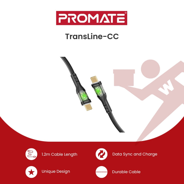 Promate TransLine-CC 60W Power Delivery Ultra-Fast USB-C Cable with Transparent Shells