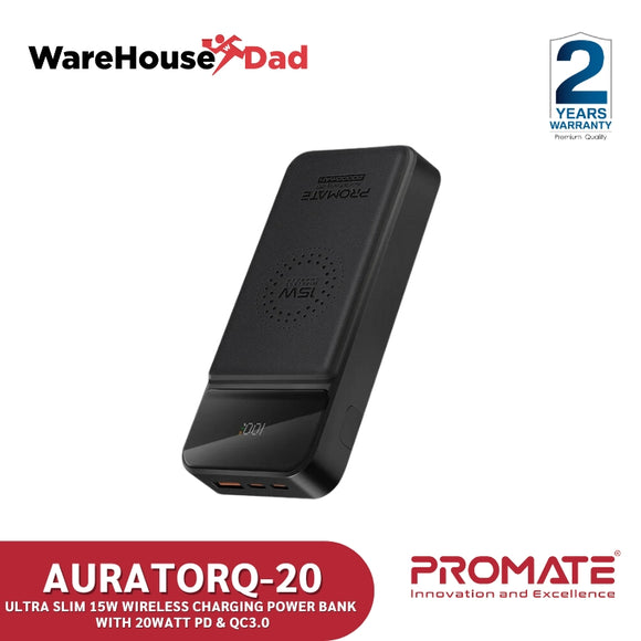 Promate AuraTorq-20 Ultra Slim 15W Wireless Charging Power Bank with 20Watt PD & QC3.0