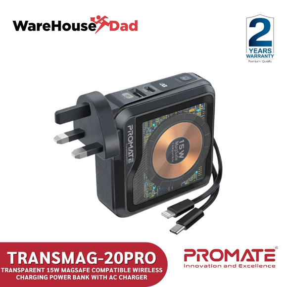 Promate TransMag-20Pro Transparent 15W MagSafe Compatible Wireless Charging Power Bank with AC Charger