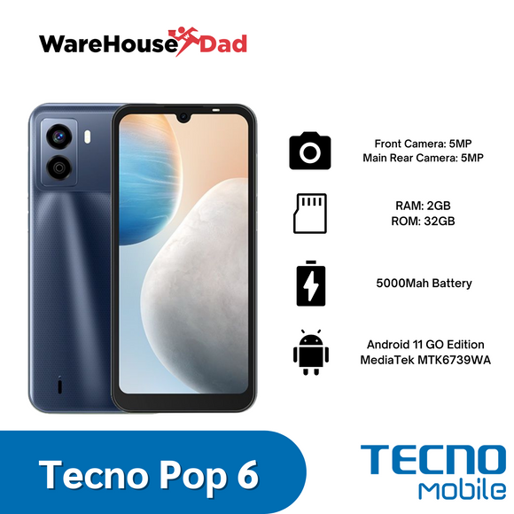 Tecno Pop 6 Smartphone | 2GB RAM+32GB ROM | MediaTek MT673WA | 5000mAh Battery